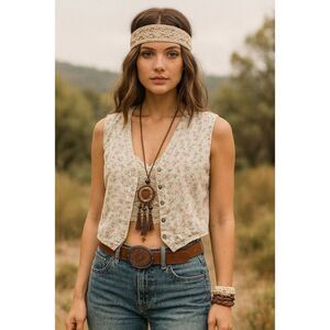 Vintage Cherokee size 26 floral denim button front vest.